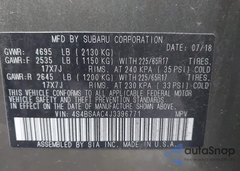 2018 Subaru Outback 2.5I z USA, uszkodzony, nr VIN 4S4BSAAC4J3396771